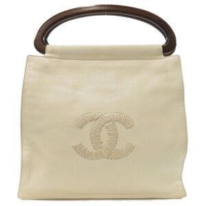 CHANEL Hand Bag Leather White Gold